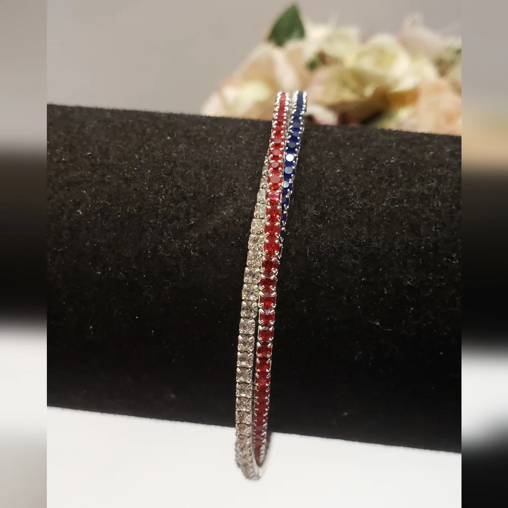 Stunning Red White & Blue Crystal Briad Silver Cuff Bracelet